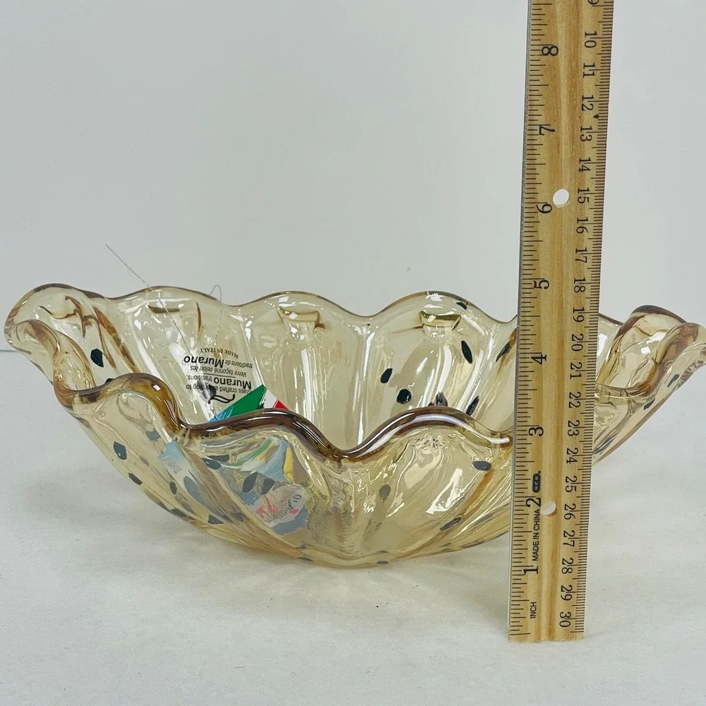 Tammaro Home Murano Glass Bowl Amber Speckled Ruffled Rim Made in Italy 10in